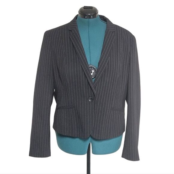 Worthington Black Suit Jacket Vertical Stipes Blazer One Front Button Size XL - Picture 1 of 8